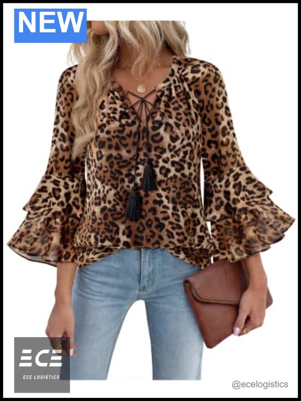 Womens Floral Chiffon Blouse Layered Ruffle Sleeve V Neck Tassel Tie